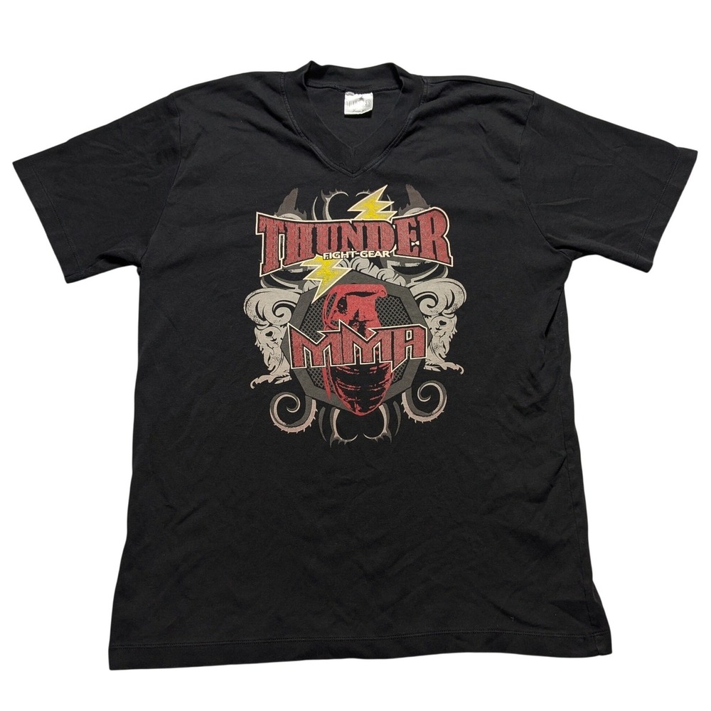 VTG Thunder Fight Gear MMA T-Shirt Black Pima Cotton Kids XL V-Neck Double-sided